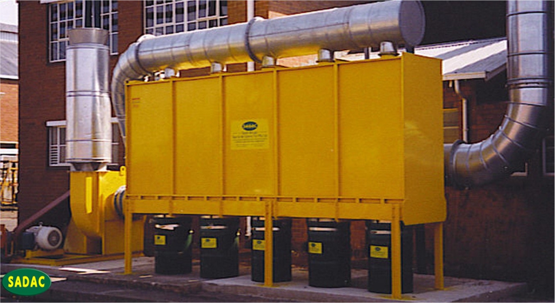 SADAC Model DM5 with stand alone fan shot blast booth dust control